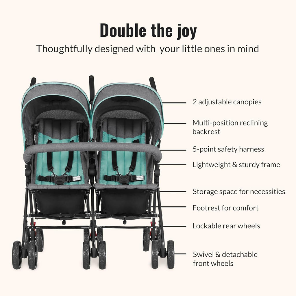 On Me Volgo Side-by-Side Twin Umbrella Toddler Stroller, Blue/D Grey