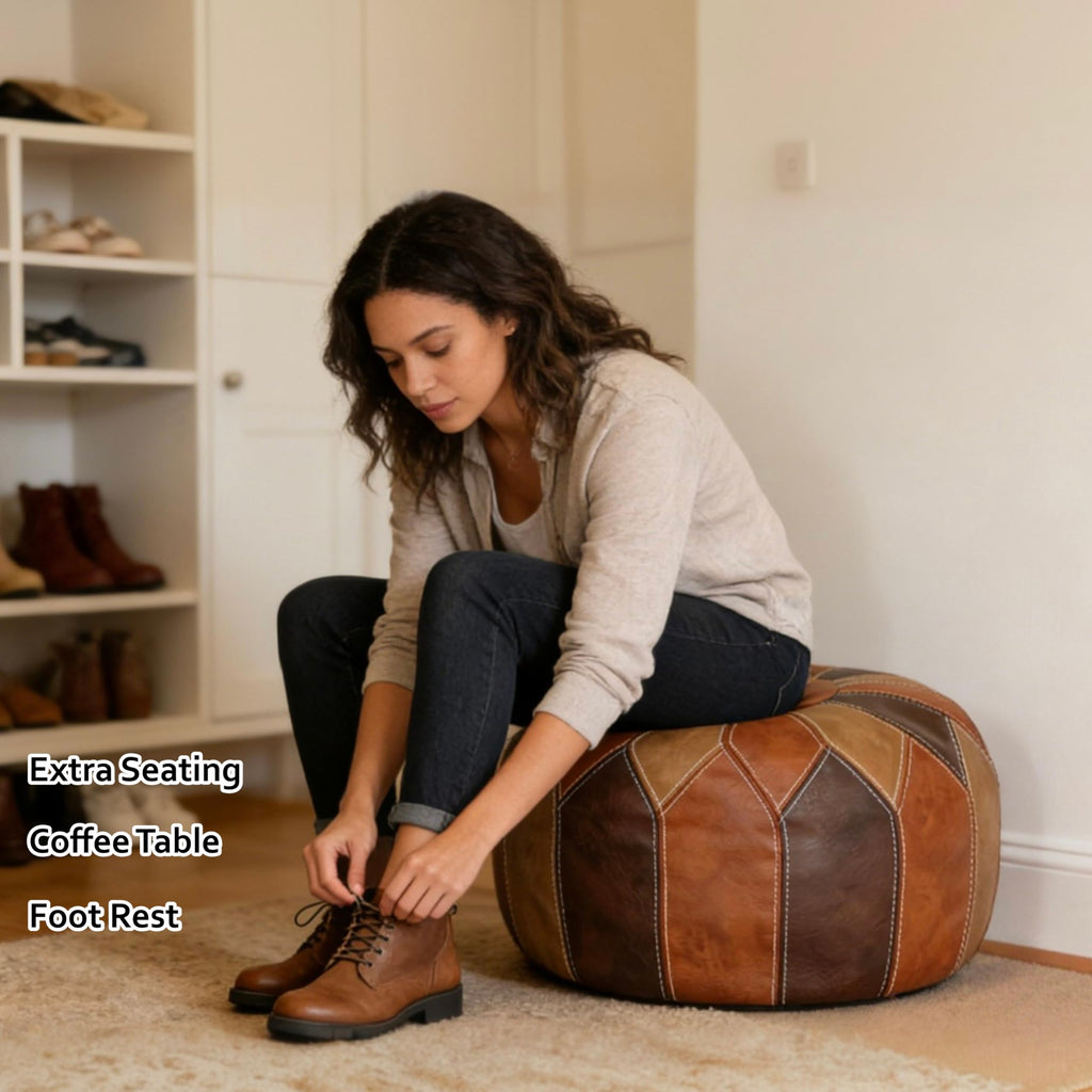 Round Unstuffed Pouf Cover, Faux Leather Storage Ottoman, Boho Moroccan Foot Stool, Multi-Purpose Home Decor and