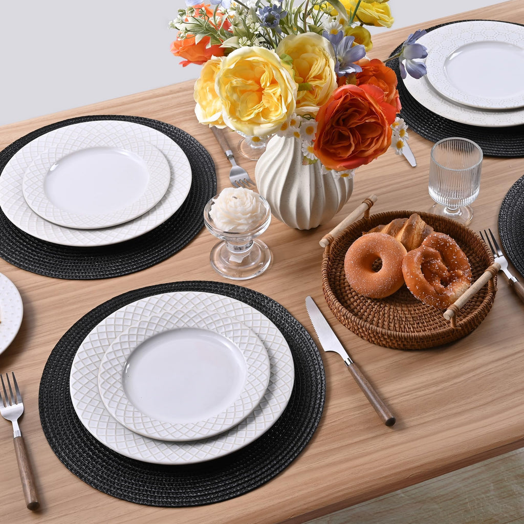 Round Braided Placemats Set of 8 Place Mats for Dining Table Woven Washable Non-Slip Table Mats 13.5 Inch (Black