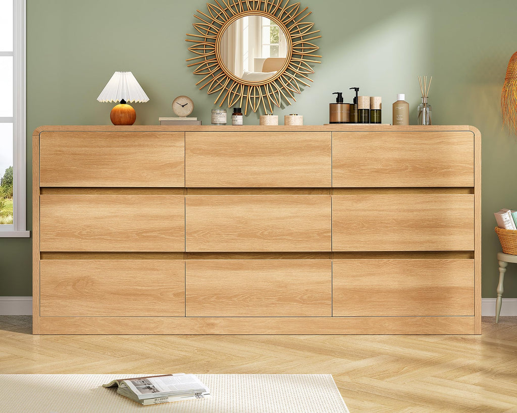9 Drawer, 63" Wide Dressers & Chest of Drawers with Curved Profile Design, Wood Closet Storage Dressers Organizer