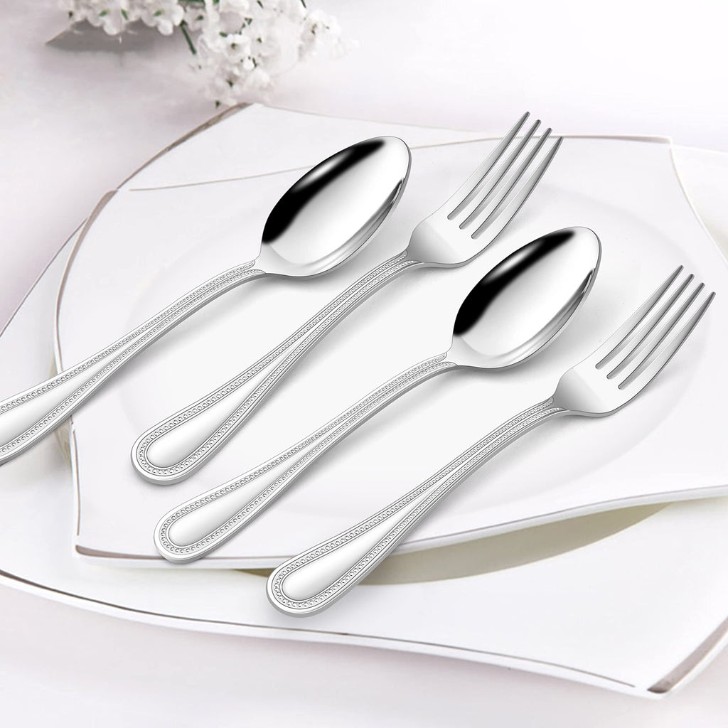 24-Piece Forks and Spoons Silverware set, Stainless Steel Flatware with Pearled Edge /Kitchen, Include 12 Dinner