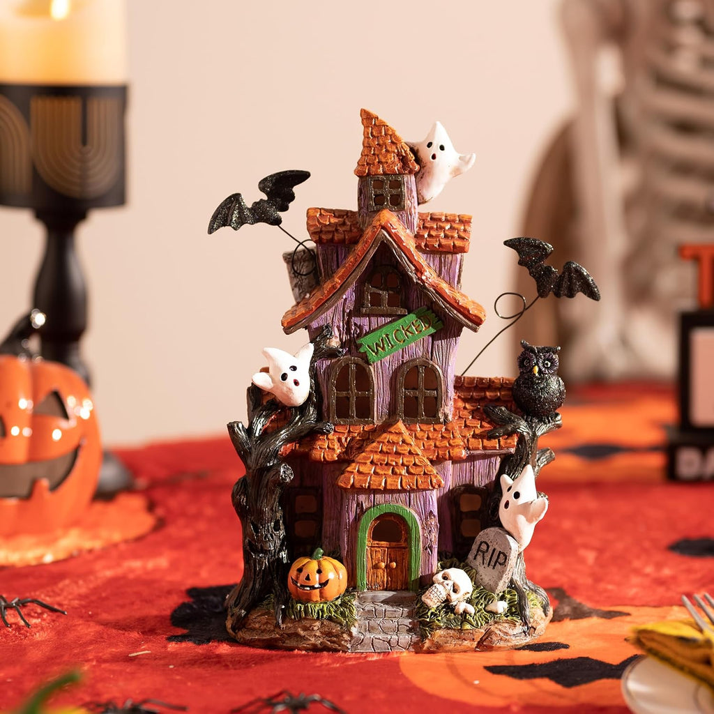 Halloween Decorations, Lighted Halloween Village Houses with LED Lights, Resin Spooky Town Happy Haunted House