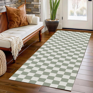 Washable Hallway Runner Rug Sage Green Rug Checkered Geometry Neutral Line Non-Slip Soft Long Carpet Kitchen