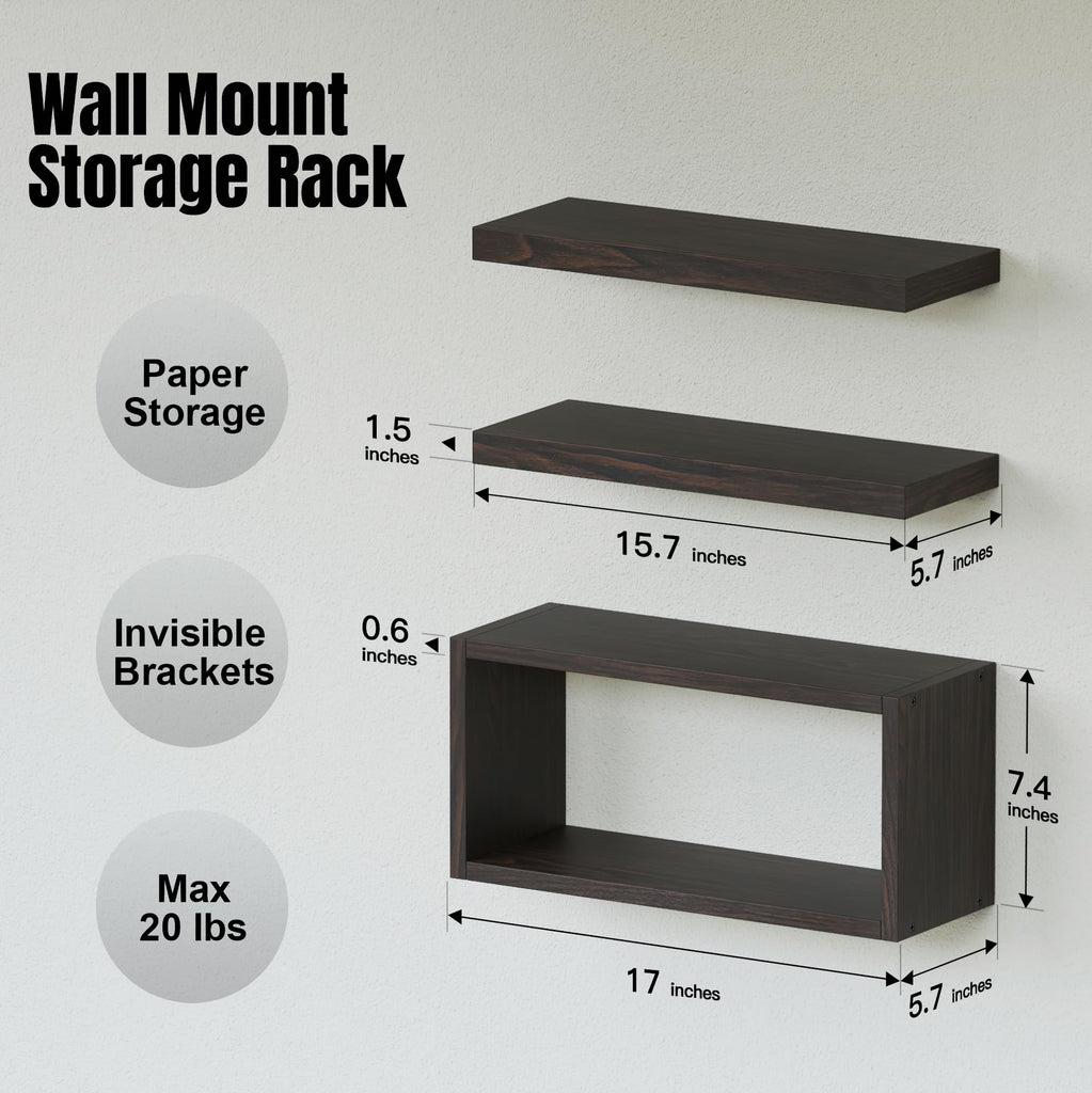 3-Set Walnut Floating Wall Shelves, Bathroom Shelf Over Toilet