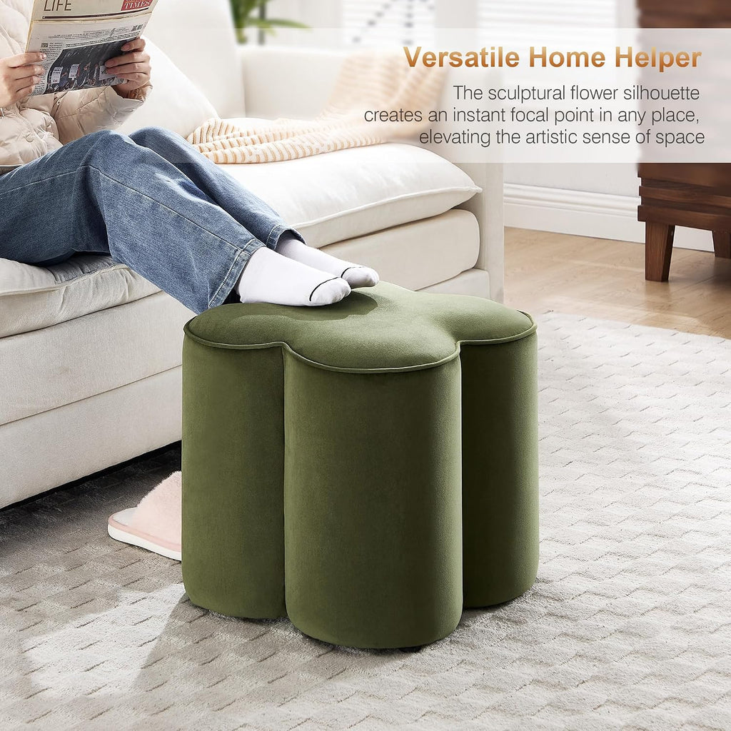 Flower Pouf Ottoman Foot Rest, Velvet Fabric Poofy Ottoman Stool | Large Ottoman Footstool for Couch, Modern Living