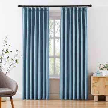 Dusty Blue Linen Texture Curtains for Living Room Bedroom Pinch Pleated 84 Inch Length Semi Sheer Window Curtains 2