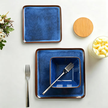 Melamine Dinnerware Set, 12-Piece Blue Square Plates and Bowls for 4