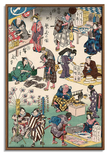 Floating Frame Canvas Print Wall Art - Japanese Woodblock Print Scene of Merchants and Customers in Ancient Japan by