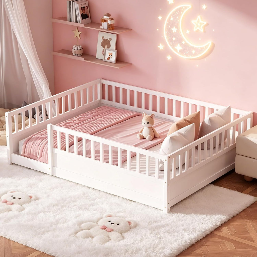 Kids Montessori Floor Bed Frame with High Fence, White