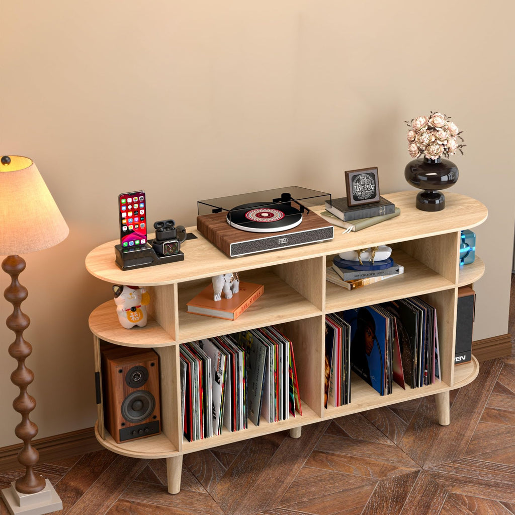 Large Round Record Player Stand with Charging Station & USB Ports