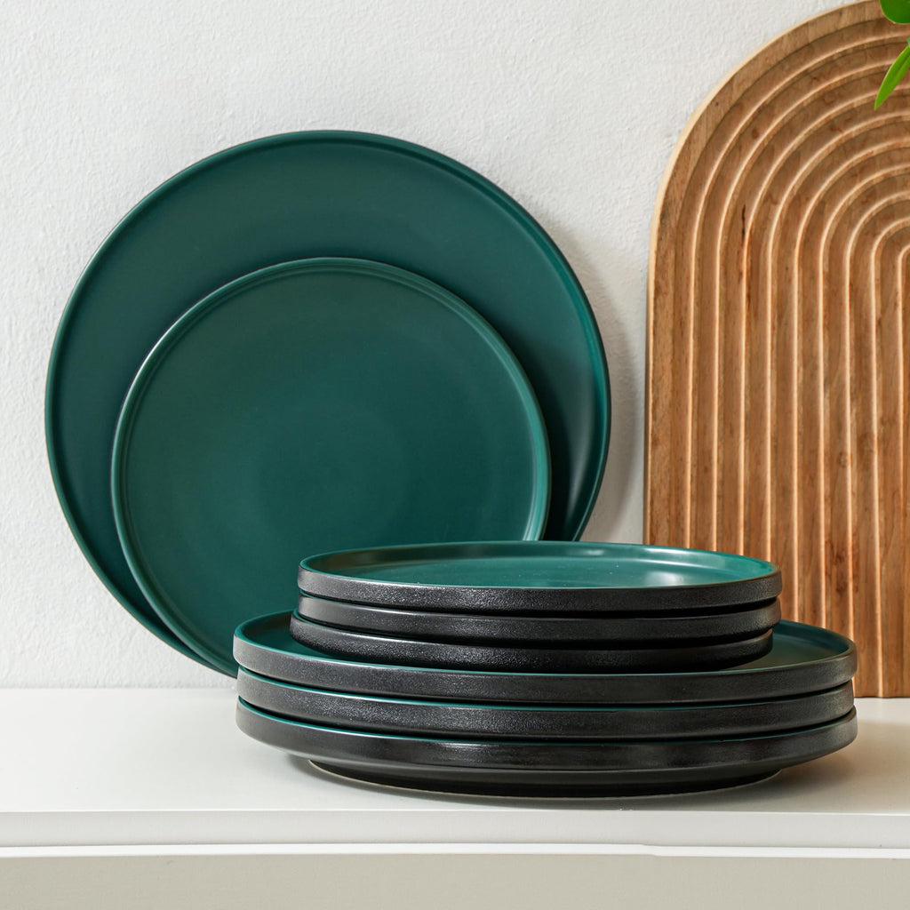 6 Piece Ceramic Plates and Bowls Sets for 2, Modern Green