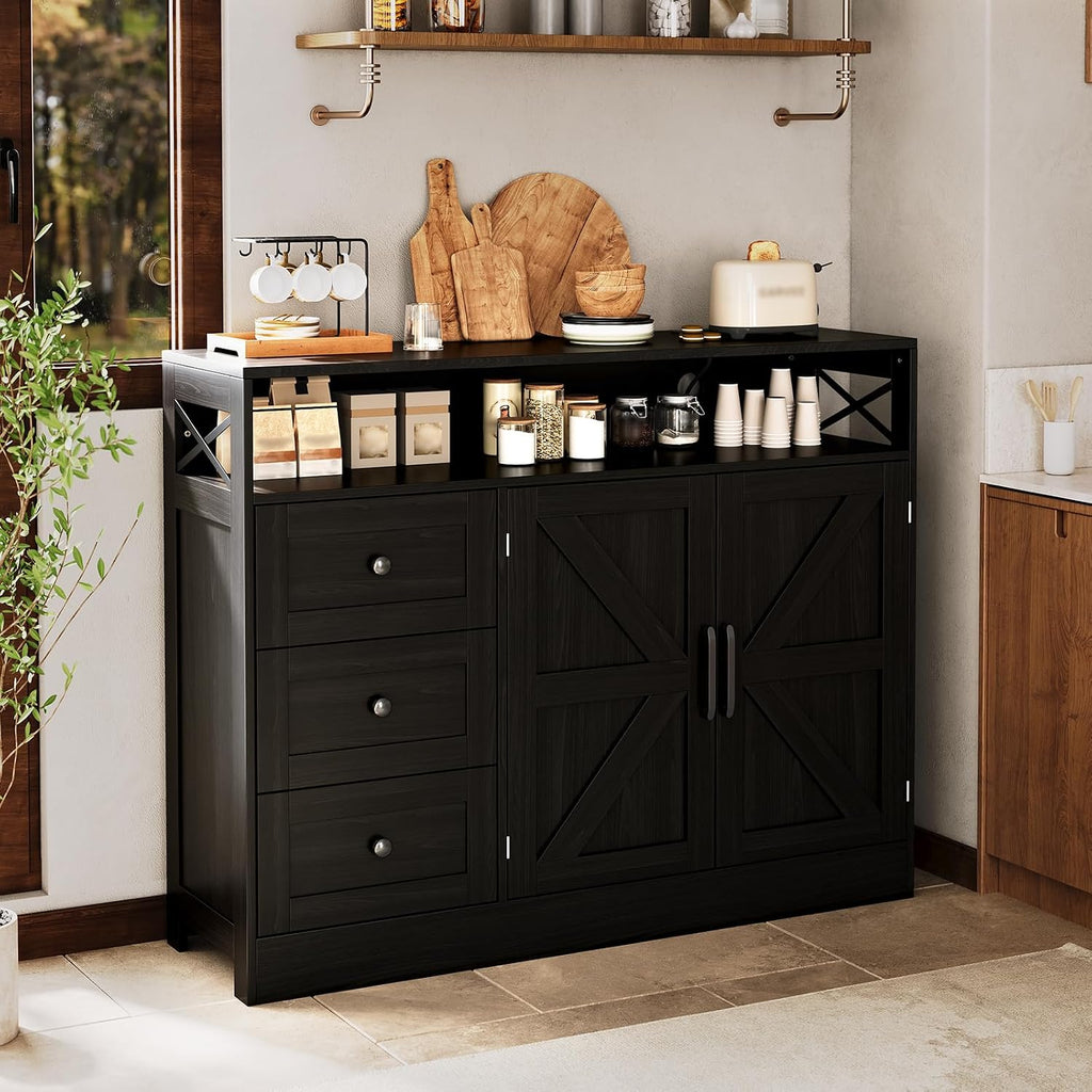Farmhouse Buffet Cabinet with 3 Drawers & Open Shelf, Sideboard with Storage, 47" Kitchen Pantry Cabinet Hutch