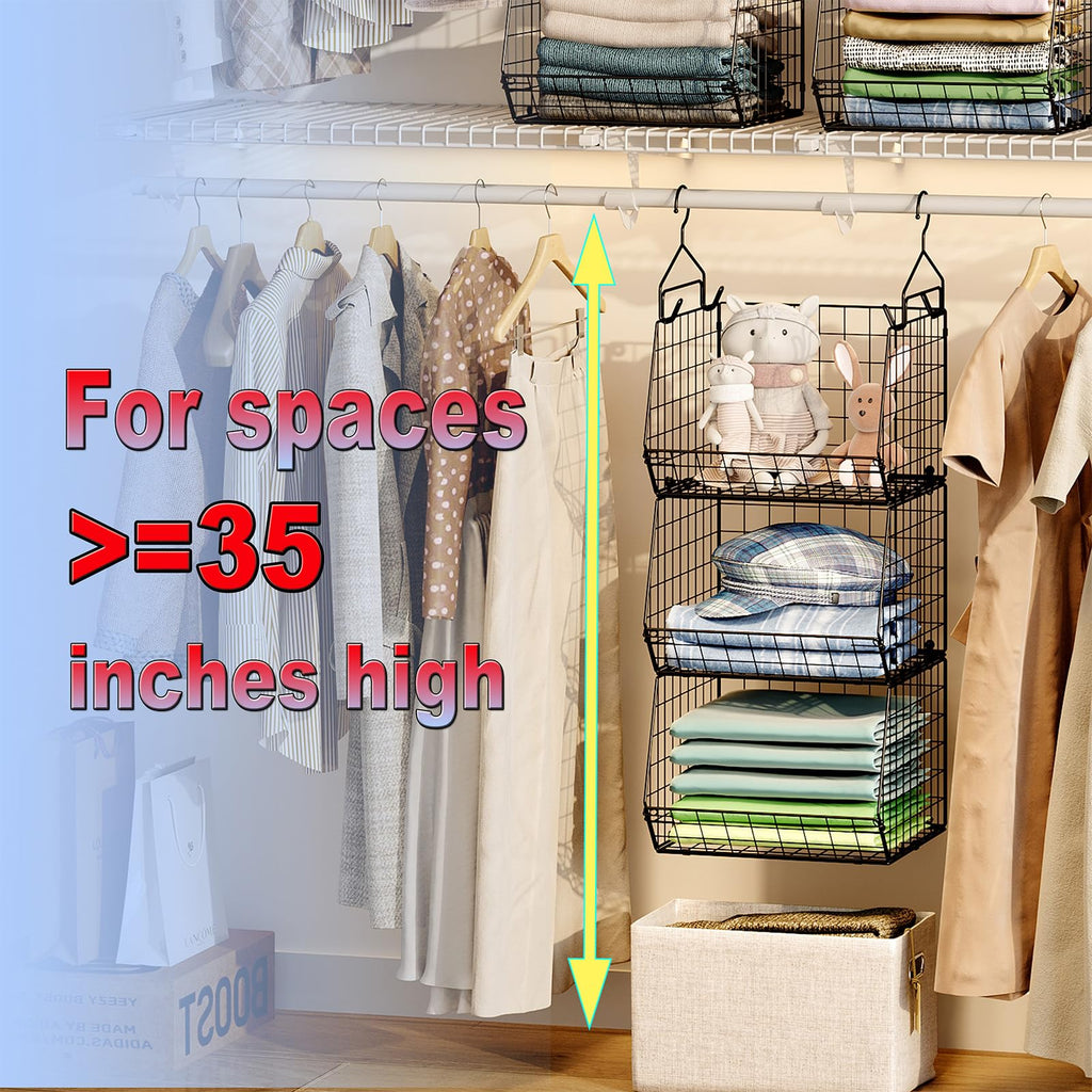 3-Tier Hanging Closet Organizer, Laundry Room Organization | Space Saving Shelves with 1.65" Hook & 5 S-Hooks |