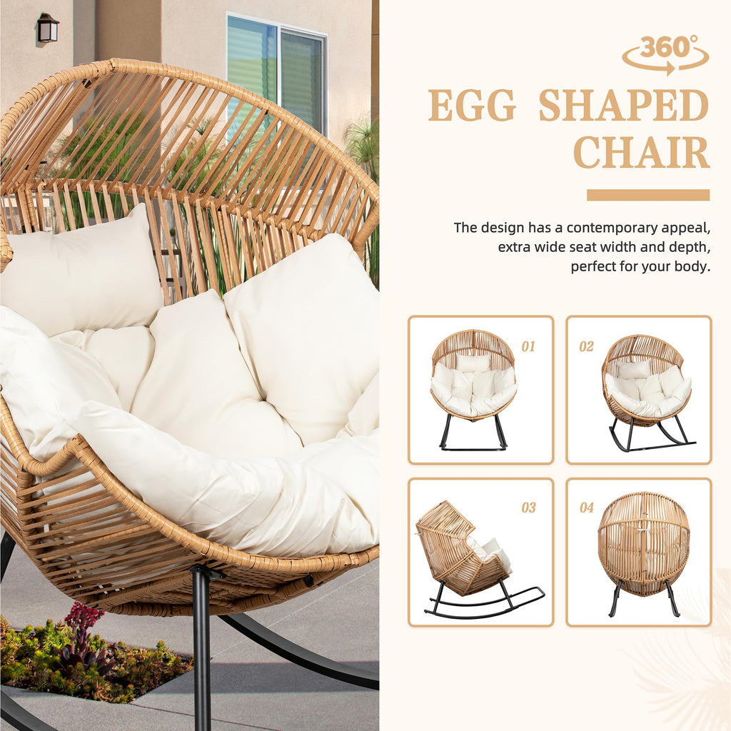 Wicker Rocking Egg Chair PE Rattan with Cushion, Oversized Patio Lounge Rocker Chair for Outdoor, Indoor, Balcony