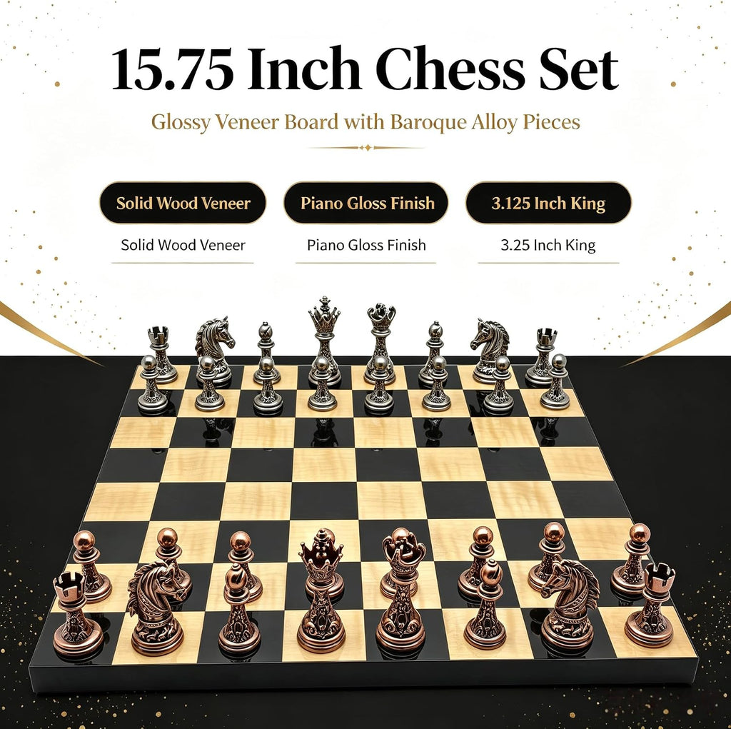 Large Baroque Metal Chess Set for Adults, 15.75 Inch Luxury Glossy Black & Maple Wooden Chess Board,Vintage Luxury
