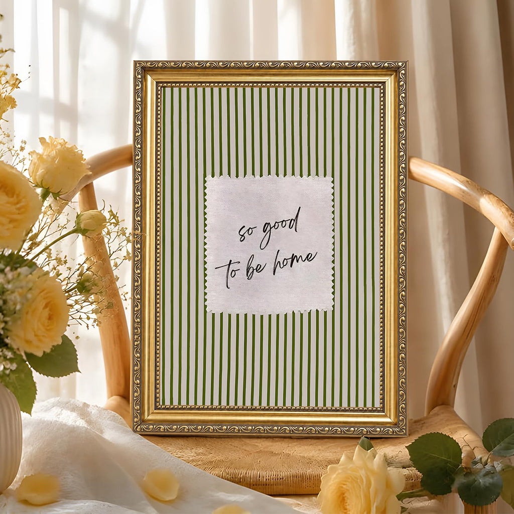 So Good To Be Home Wall Art, Vintage Gold Framed Sage Green Striped Pictures Wall Decor, Family Inspirational Quote