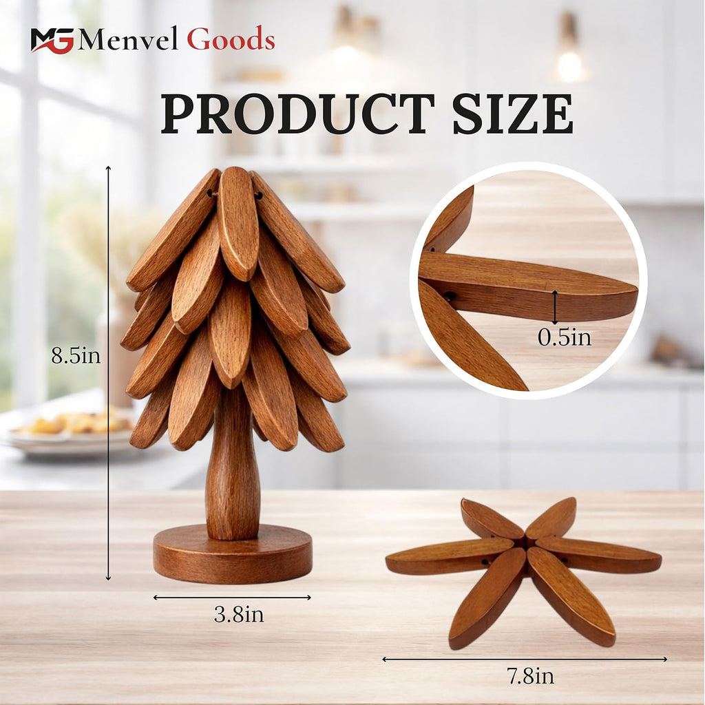 Foldable Black Walnut Wooden Trivet Set for Hot Dishes - 4 Trivets + 1 Stand for Hot Dishes, Tree Coasters, Pot - Set of 4
