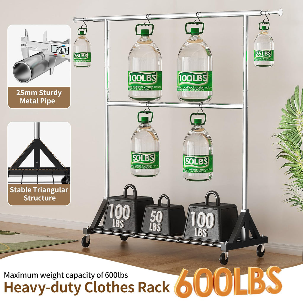 Heavy Duty Clothes Rack with Lockable Wheels Load 600 LBS, Silver