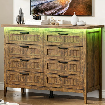47.3'' Rustic Brwon 8 Drawer Dresser with Power Outlet & LED Lights