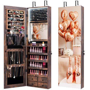 LED Mirror Jewelry Cabinet, Full Length Mirror with Jewelry Storage, Lockable Hanging Jewelry Holder Organizer with