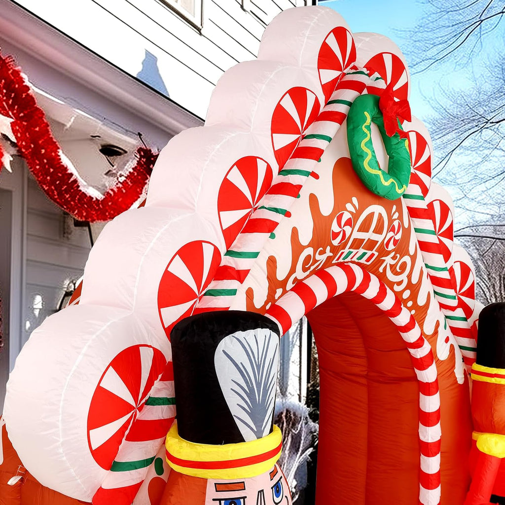 10 Ft Christmas Inflatable Gingerbread Candy House with Nutcrackers Outdoor Decorations, Giant Xmas Blow Up Yard