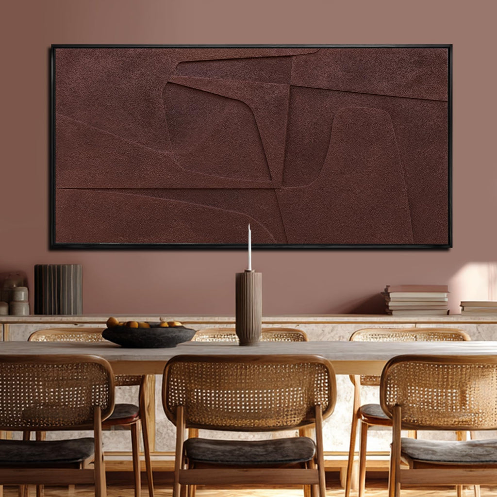 Minimalist Brown Abstract Wall Art 24x48 Inch, 3D Textured Wave Canvas with Natural Wood Frame, Modern Large Wall