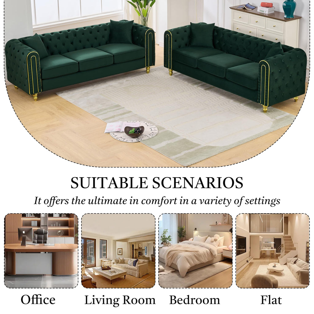 Chesterfield 2 Piece 86" Green Sofa Sets, 3+2-Seater Couch Comfy Sofa, Button Tufted Rolled Arms and Gold Legs for