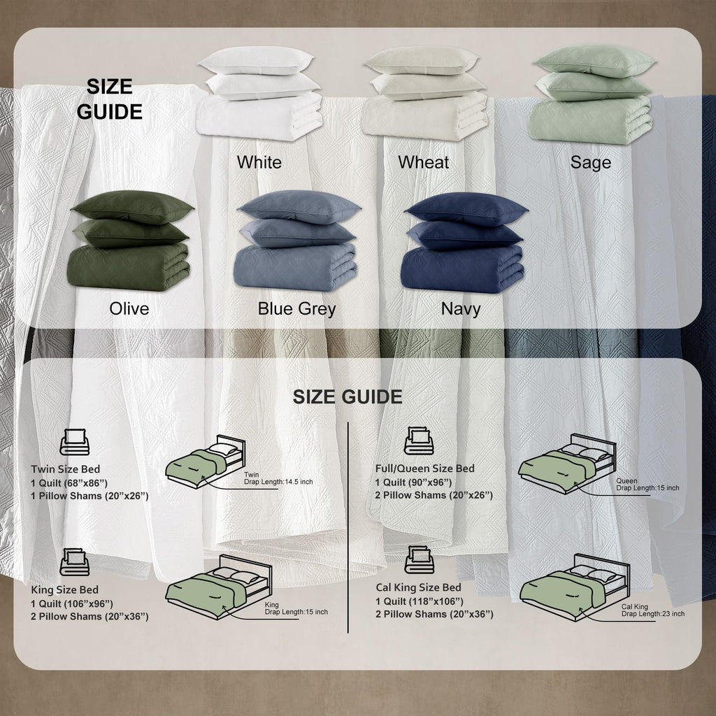 100% Cotton White Oversized Quilt Bedding Sets with 2 Pillow Shams, Shabby Chic Rustic Textured