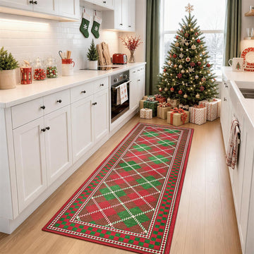 Christmas Runner Rug, Red Green Checkered Rugs with Low Plie Non-Slip Backing, Washable Stain-Resistant Plaid