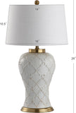 29" Cream Textured Ceramic Table Lamp, Transitional Quatrefoil Trellis Design with White Linen Drum Shade and Brass