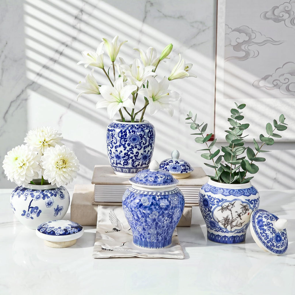 4 Pack Small Blue and White Vases, Ceramic Chinoiserie Ginger Jars with Lid, Tiny Chinese Traditional Floral Vase