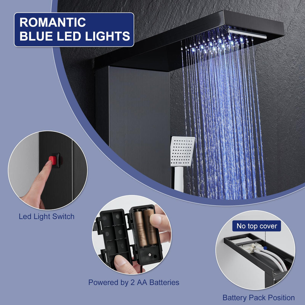 6 in 1 LED Rainfall Waterfall Shower Panel Tower System, Black