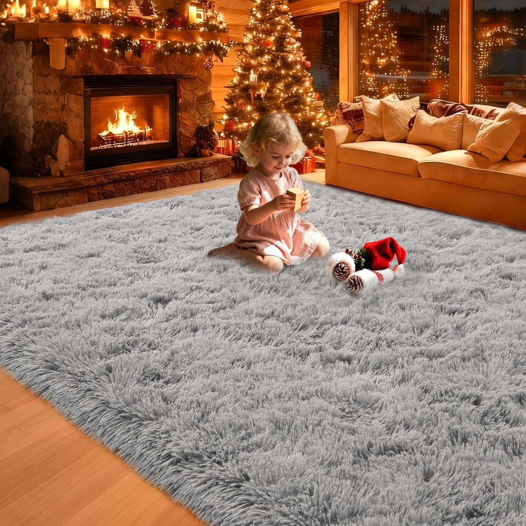 8x10 Area Rugs Living Room, Gray Plush Fluffy Bedroom Rugs, Non-Slip Upgraded Indoor Thick Soft Rug, Modern Plush