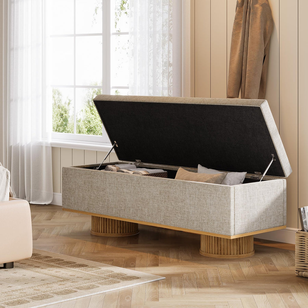 50.39" Storage Bench with Padded Seat Cushion, Upholstered Shoe Bench with Flip Up Storage, Load up to 330 lb, Beige