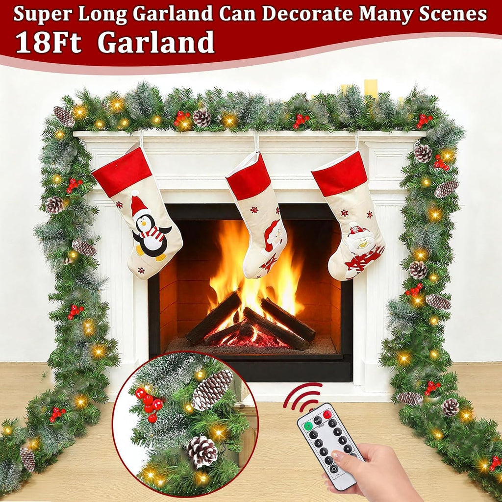 Remote Control&Super Long&8 Modes-18Ft Prelit Snowy Bristle Pine Christmas Garland for Stairs Door Porch Mantle