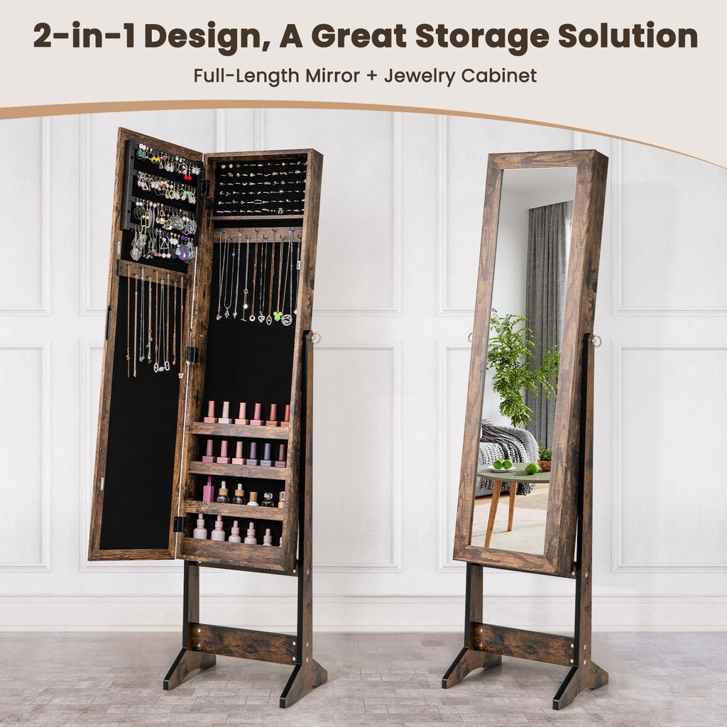 Jewelry Cabinet, Jewelry Organizer with Full Length Mirror Door, Standing Makeup Mirror Cabinet, Freestanding Jewelry