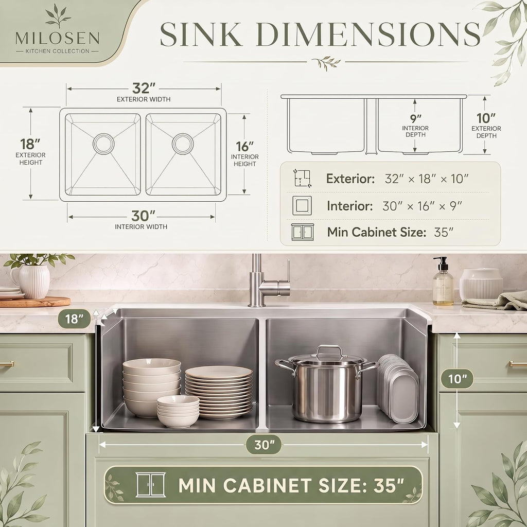 32''x18'' Double Bowl Undermount Kitchen Sink, T304 Stainless Steel 50/50 Workstation Sink with 10'' Deep Basins &