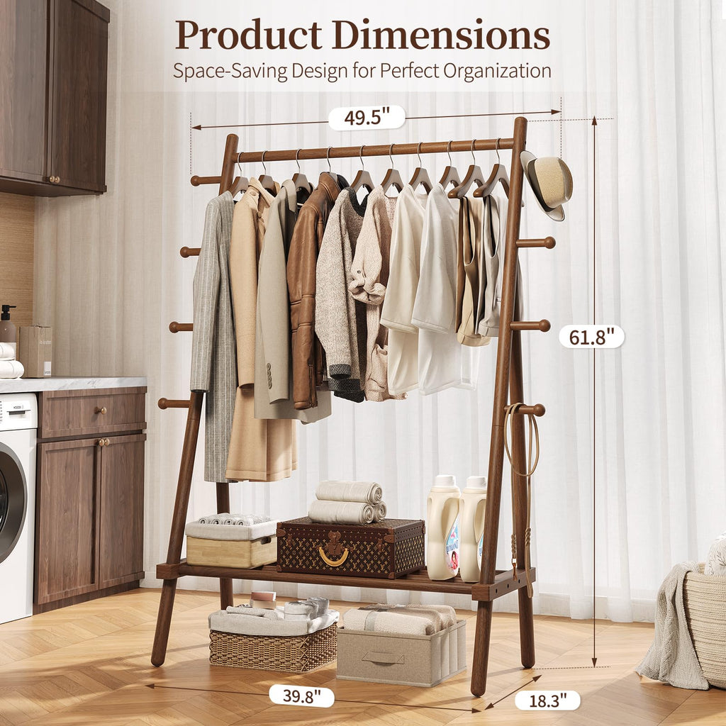 Solid Wood Clothes Rack - Heavy Duty Clothing Racks for Hanging Clothes with 8 Hooks, Portable Garment Rack for Dress