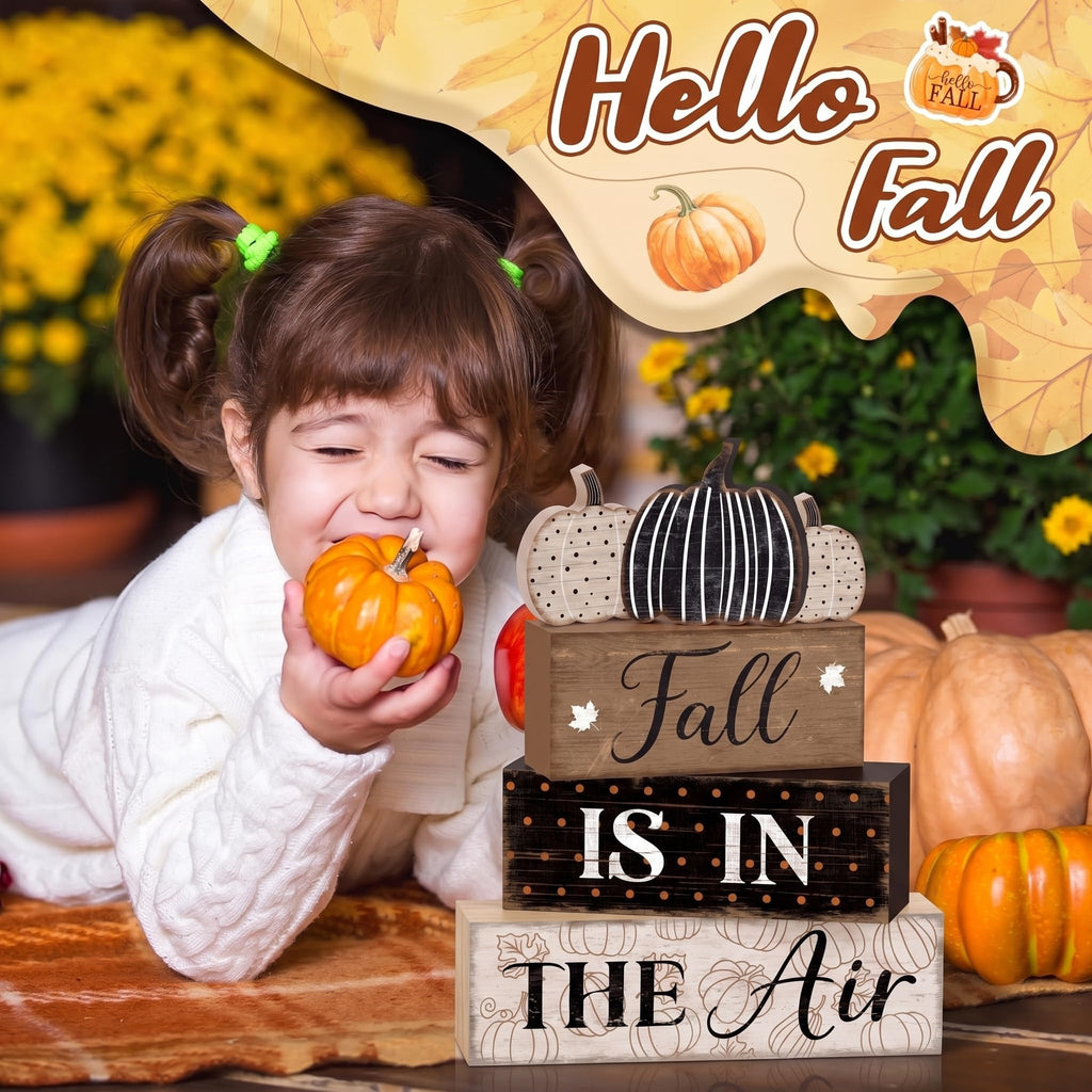 Fall Pumpkin Dot Tiered Tray Decor Set, 4 Pack, Wooden Table Sign
