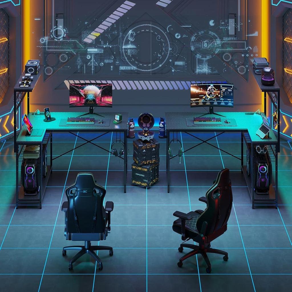 42" L Gaming Desk with Power Outlets LED Lights, Carbon Fiber Black | Reversible Design, LED Lights, Power Outlets