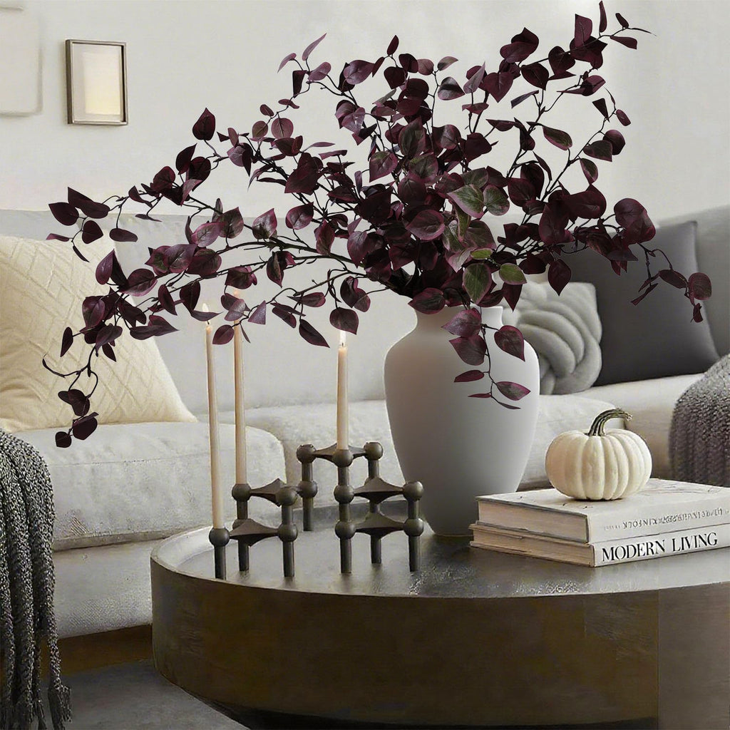 5PCS Artificial Fall Eucalyptus Leaves Stem Plants, 32.7 inch Fake Leaves Autumn Greenery Branches Burgundy Shrubs