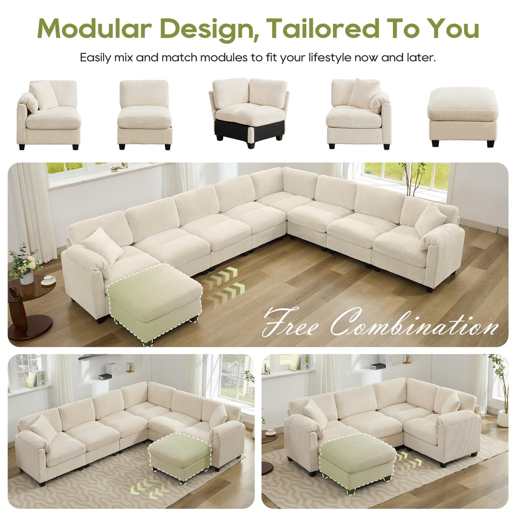 Corduroy Modular Sectional Sofa Couch (Beige, 113 Inch 7-Seater)