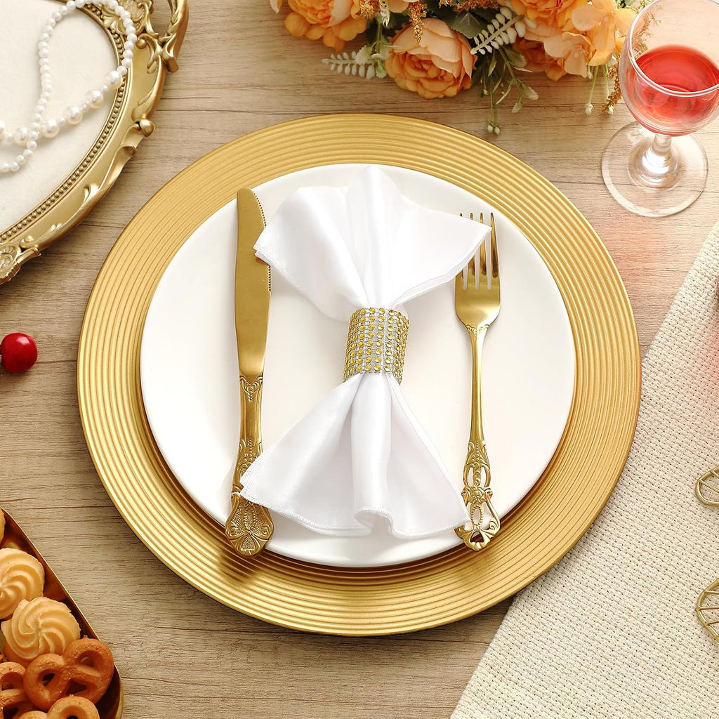 Gold Charger Plates Bulk 13 Inch Round Dinner Charger with Ring Pattern Reusable Plastic Wedding Elegant Plate - Set of 50