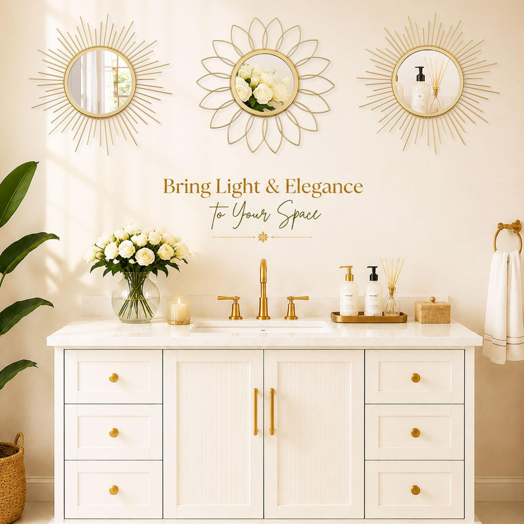 3 Pack Metal Mirrors for Wall Gold Sunburst Wall Mirror Home Decor Accent