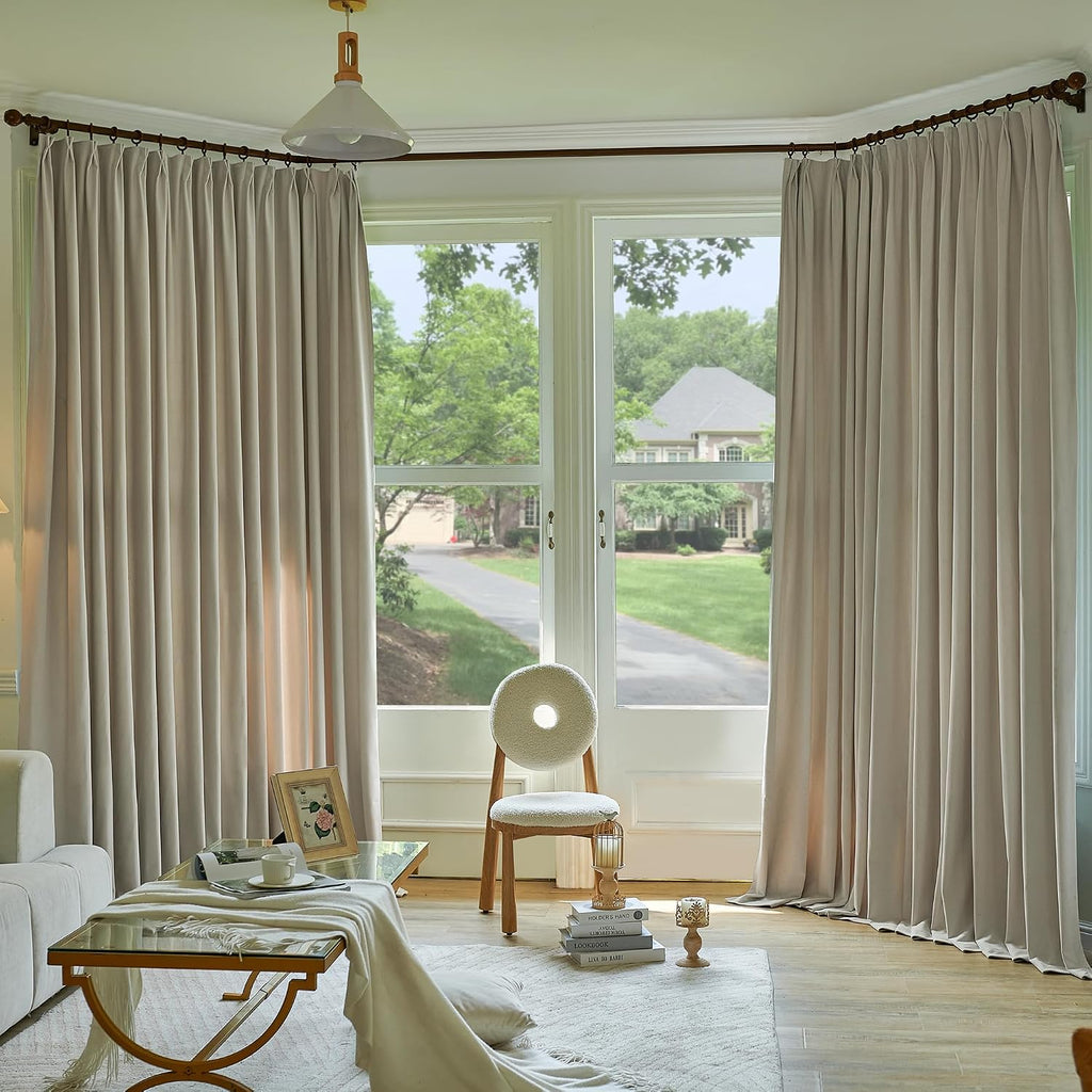 Luxury Velvet Pleated Curtains 108 Inches Long 1 Panel, Camel Beige Pinch Pleated Drapes Panels for Patio Sliding