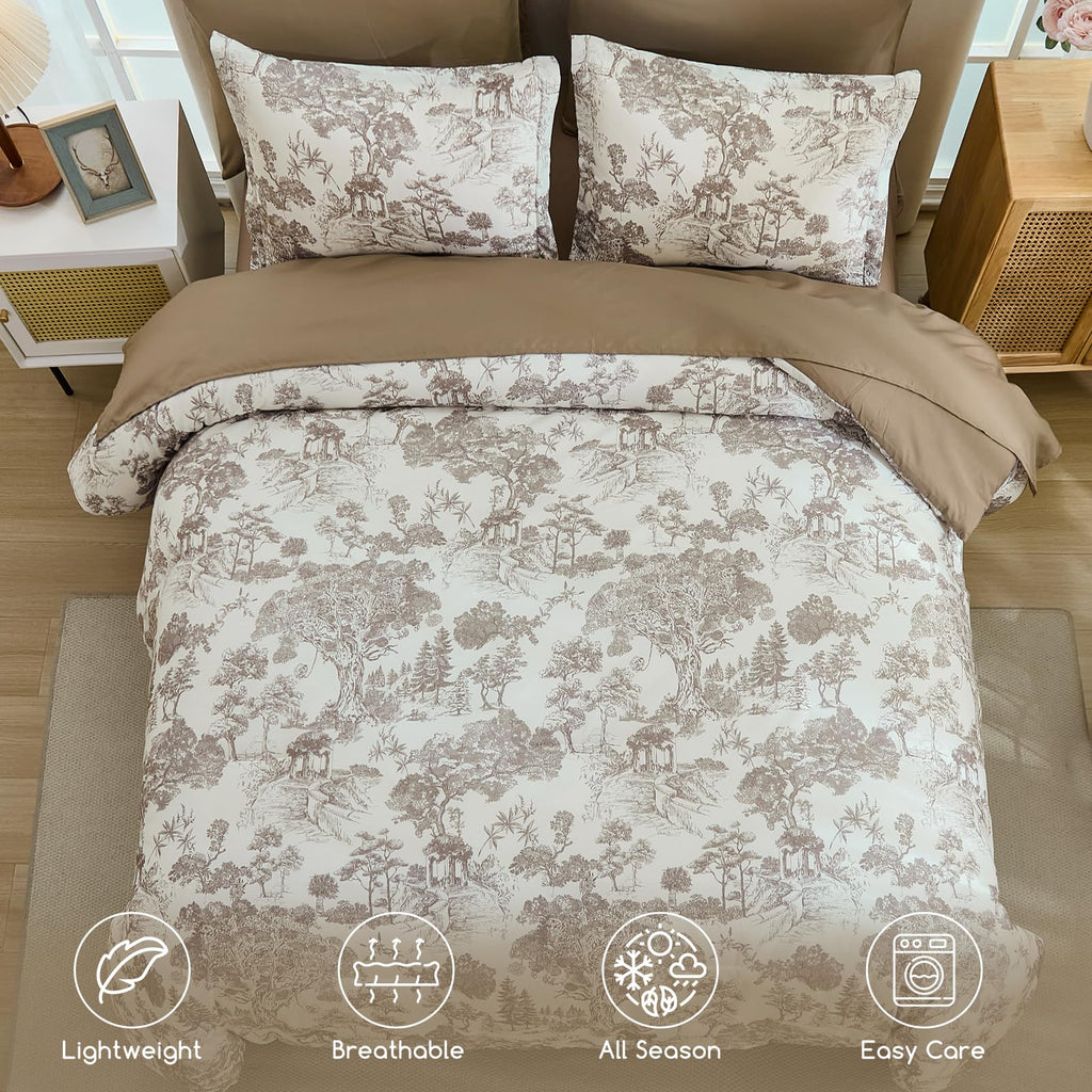 7 Piece Bed in a Bag-Floral Botanical Light Brown Comforter Set, Comforter Set with Sheets, Farmhouse