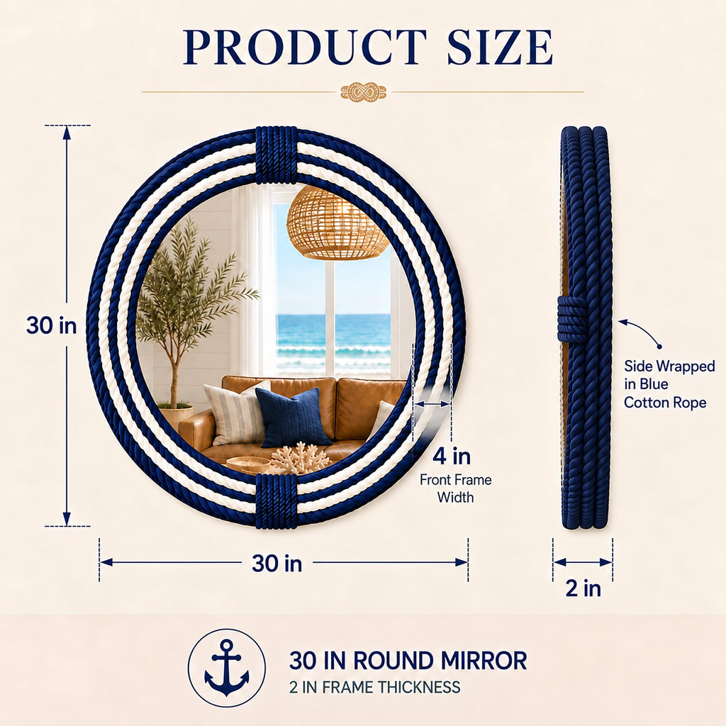30" Navy Stripe Round Wall Mirror, Handwoven Cotton Rope Frame