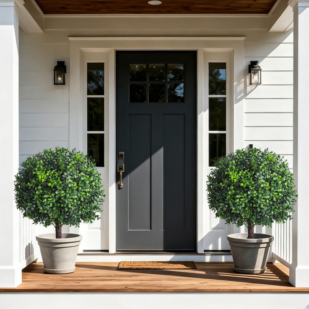 25" Artificial Boxwood Topiary Ball Tree with Ground Plugs [Set of 2] UV Protected Artificial Shrubs, Fake Evergreen