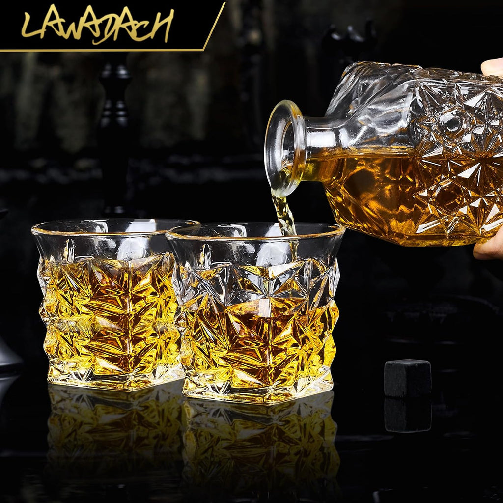 Whiskey Decanter Set with 2 Glasses, Glass Liquor Decanter 28oz - Set of 2