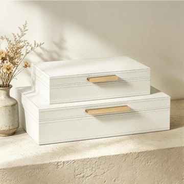 Decorative Storage Boxes with Lids, PU Leather Bins, 2 Pack, White - Set of 2
